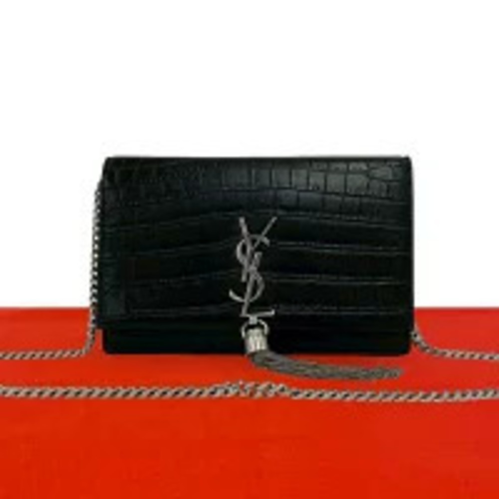 Saint Laurent PARIS L Leather Chain Shoulder Bag Pouch Clutch Black